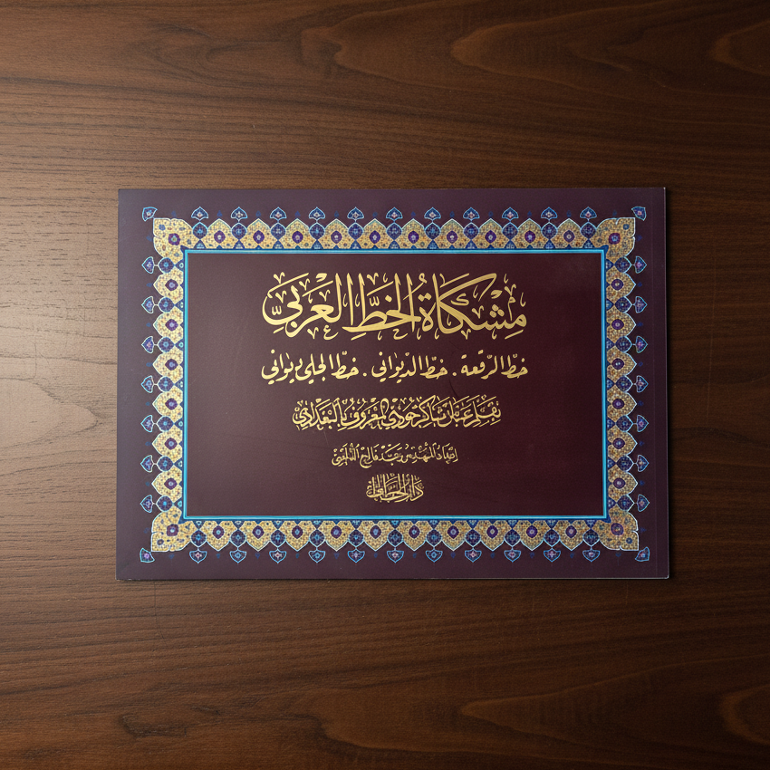 A rectangular decorative plaque or book cover with Arabic calligraphy, placed on a dark brown wooden surface. The center panel is deep burgundy with gold calligraphy, surrounded by a blue and gold ornamental border.