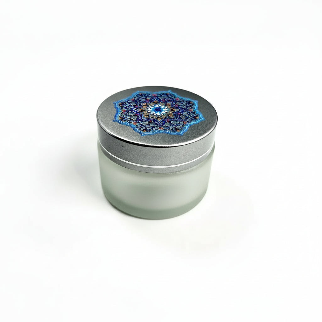 Glass inkwell / liqa with Silver brushed Lid with Islamic geometry design