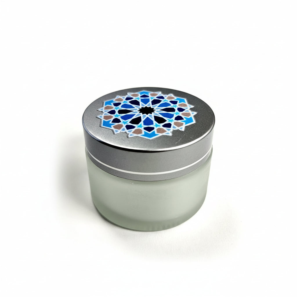 Glass inkwell / liqa with Silver brushed Lid with Islamic geometry design