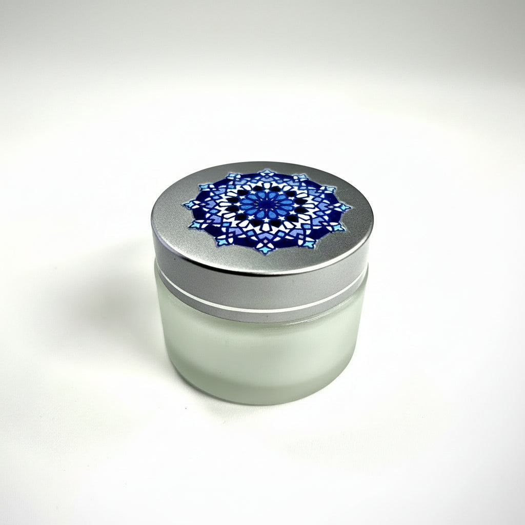 Glass inkwell / liqa with Silver brushed Lid with Islamic geometry design