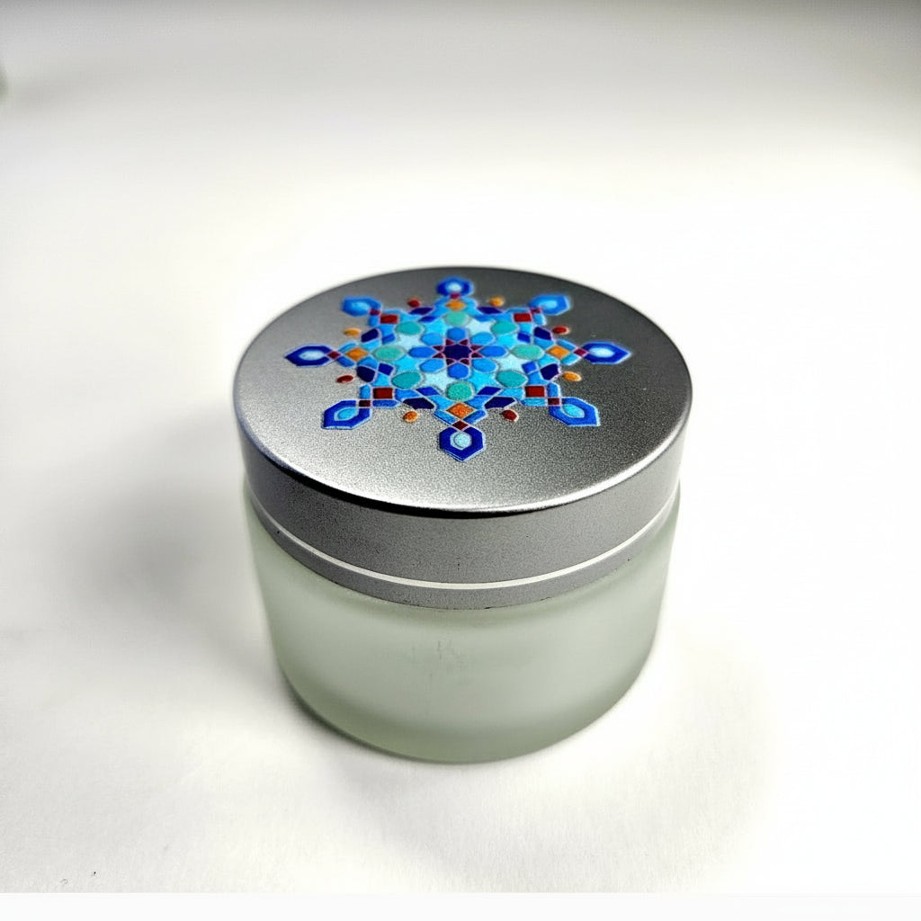 Glass inkwell / liqa with Silver brushed Lid with Islamic geometry design