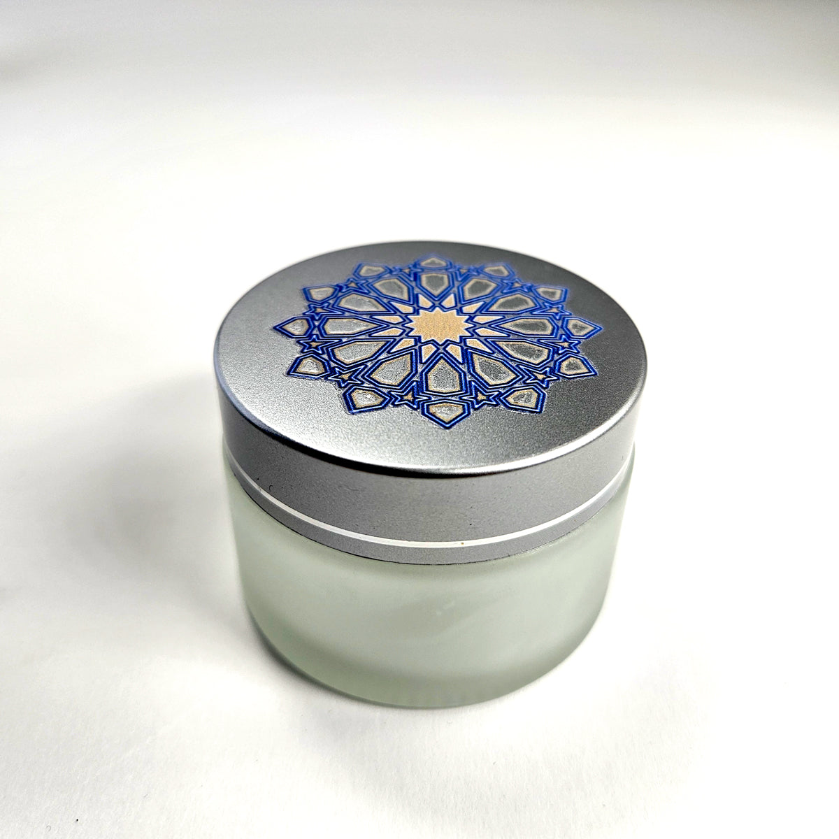 Glass inkwell / liqa with Silver brushed Lid with Islamic geometry design