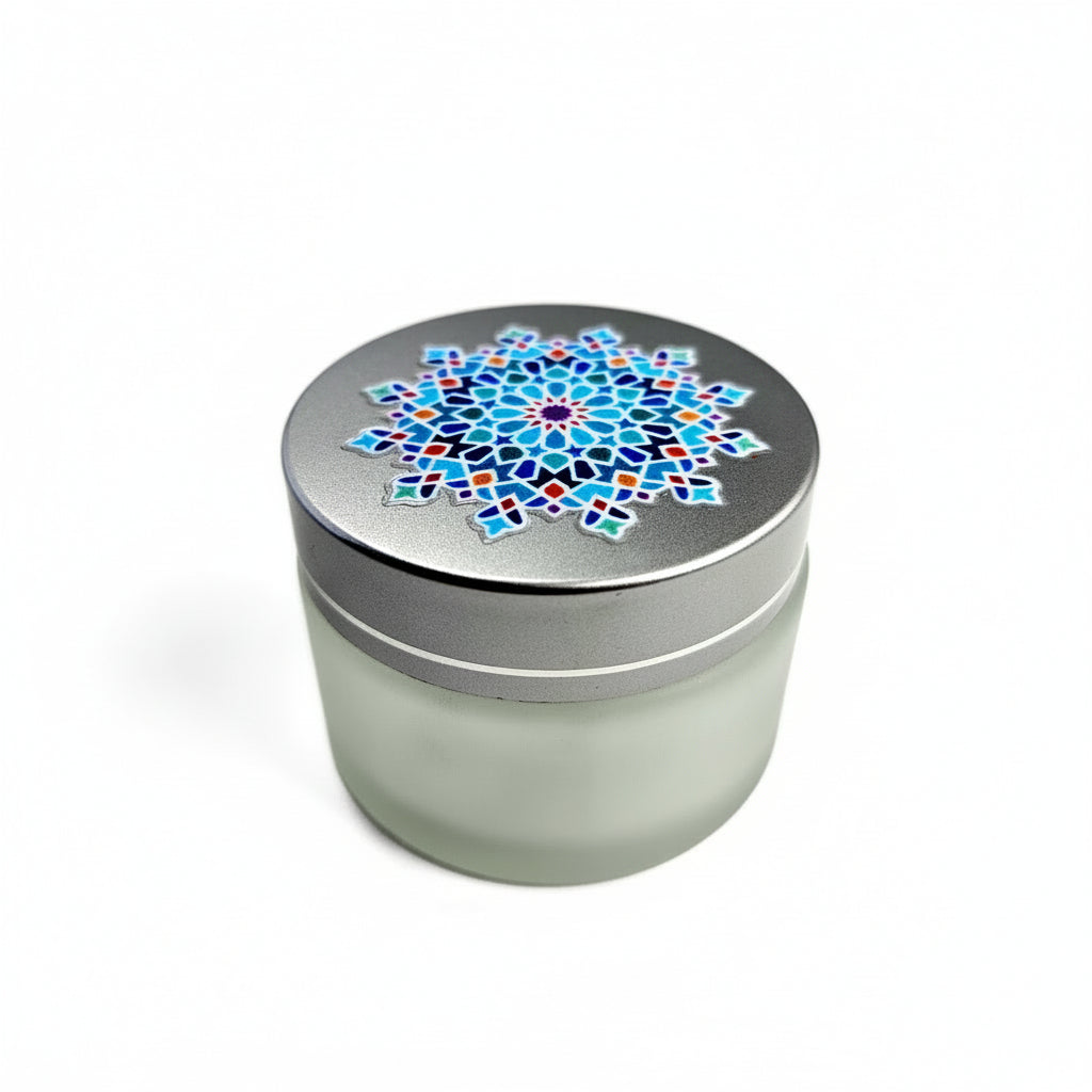 Glass inkwell / liqa with Silver brushed Lid with Islamic geometry design