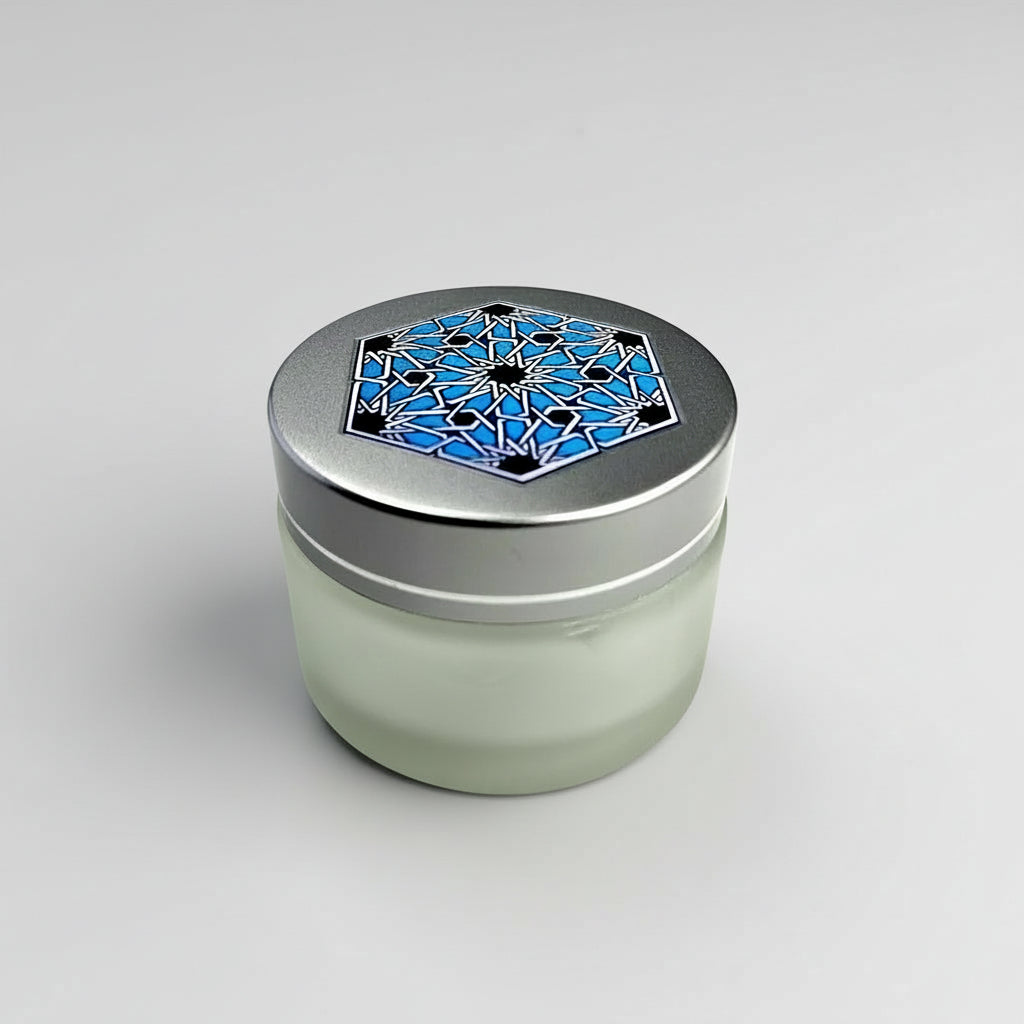 Glass inkwell / liqa with Silver brushed Lid with Islamic geometry design