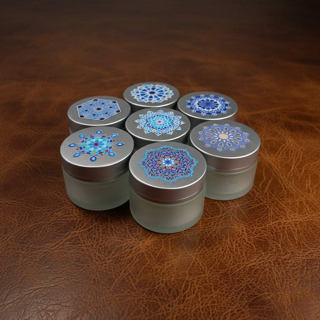 Glass inkwell / liqa with Silver brushed Lid with Islamic geometry design