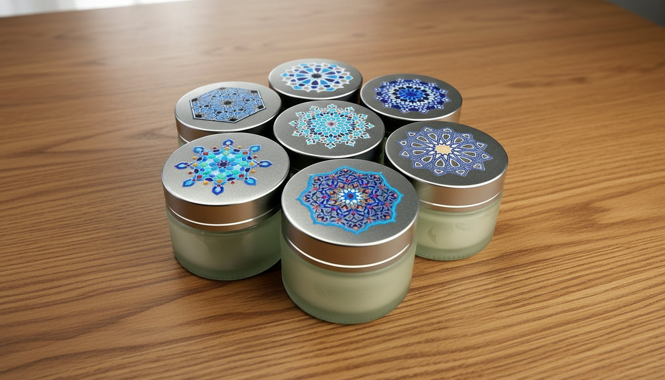 Glass inkwell / liqa with Silver brushed Lid with Islamic geometry design