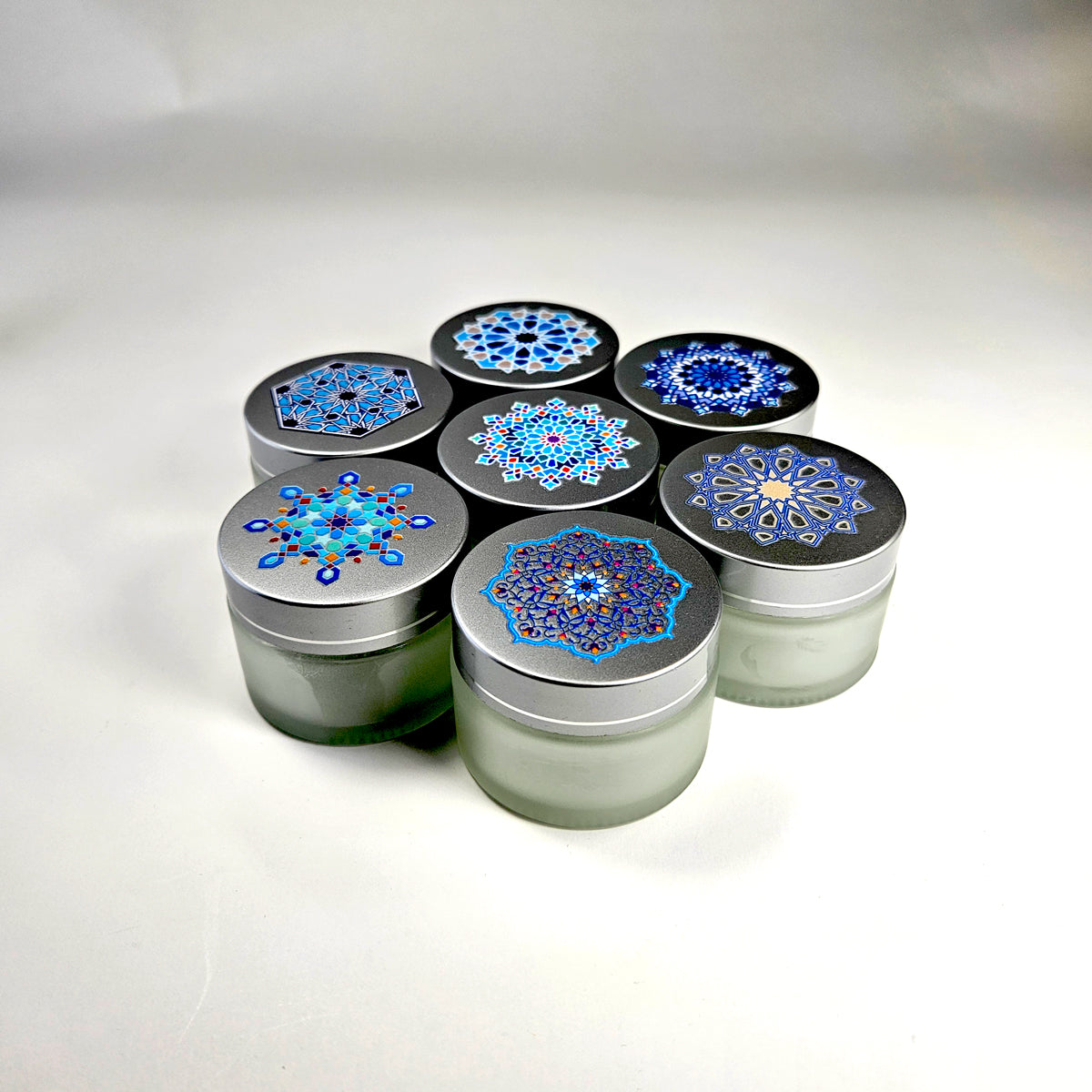 Glass inkwell / liqa with Silver brushed Lid with Islamic geometry design
